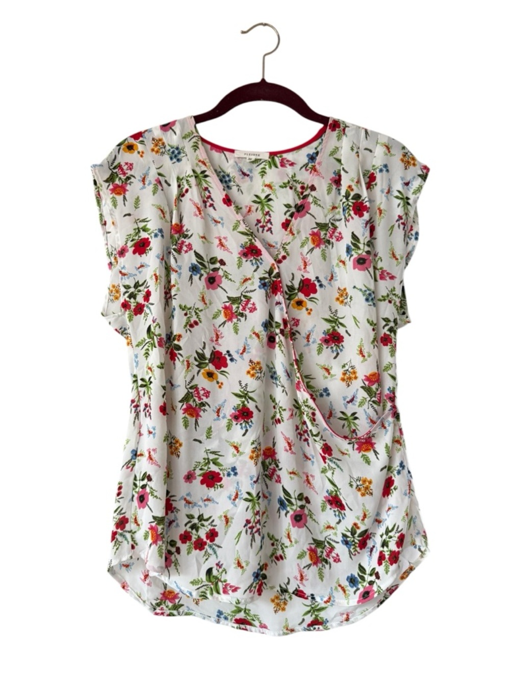 Pleione Floral V-Neck Short Sleeve Wrap Top Blouse Size Small White/Multi